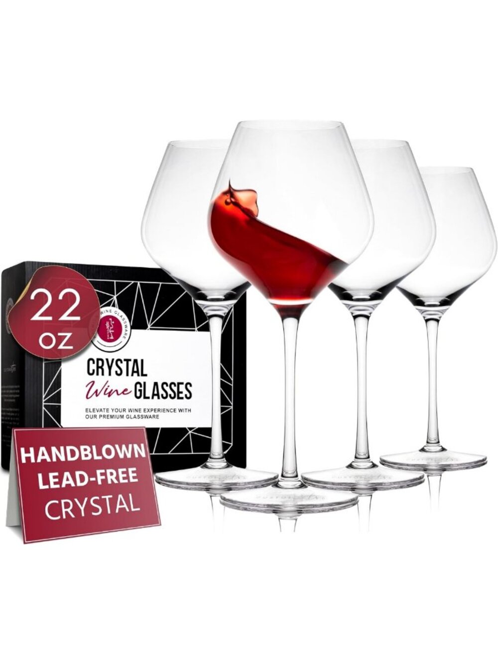 Elegant Crystal Wine Glasses Set of 4 - 22 Oz Long Stem, Dishwasher Safe